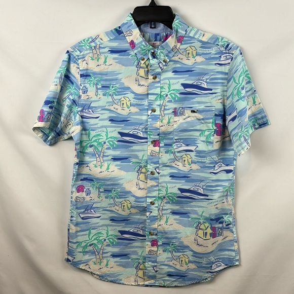 Vineyard Vines Island Scene Short Sleeve Woven Button-Down Summer Shirt Size S - Picture 5 of 12
